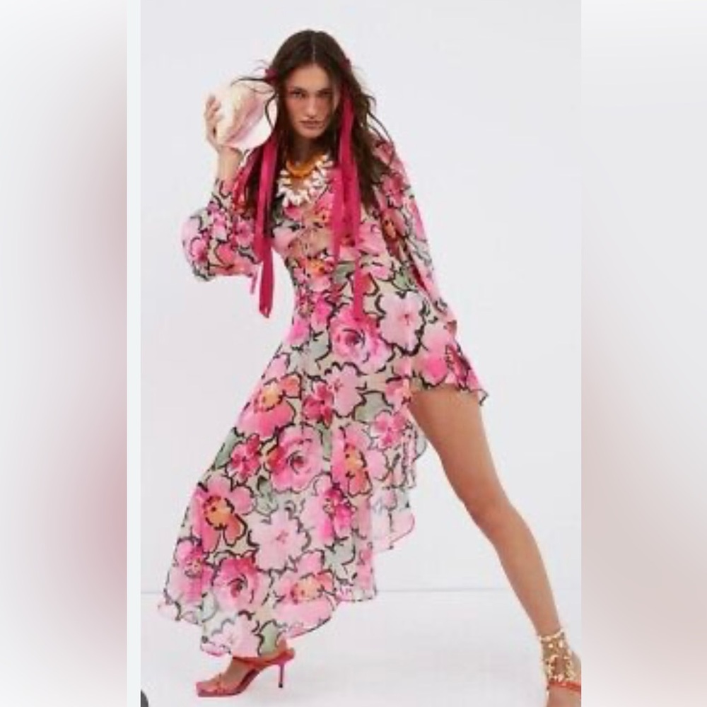 For Love & Lemons Tiana Printed Flowy Ruffles Sheer Tie Front Midi Dress S NWT